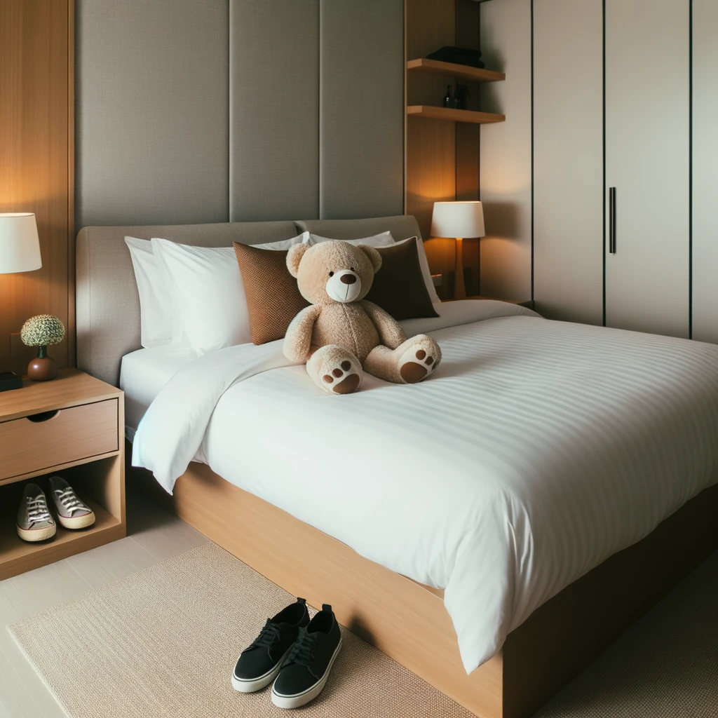 "I sleep in my bedroom. My bed is against the wall. My favorite teddy bear is on the bed, and my shoes are under the bed." Prepositions Rooms and Furniture