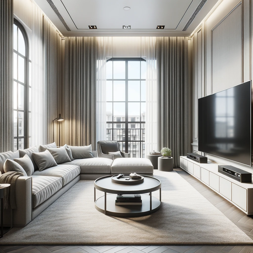 "The TV is in the living room. It's between two big windows. The sofa is next to the TV, and there's a cozy rug under the coffee table."