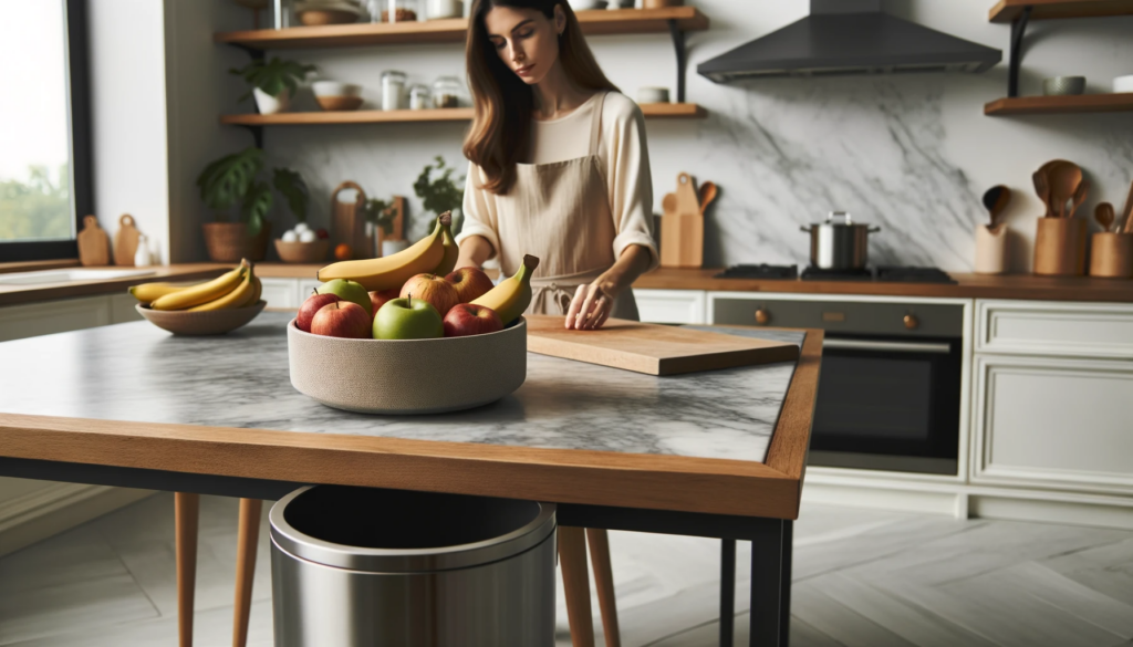 "In the kitchen, there's a table. The fruit bowl is on the table, and the trash can is under the table. Mom is cooking behind the counter."