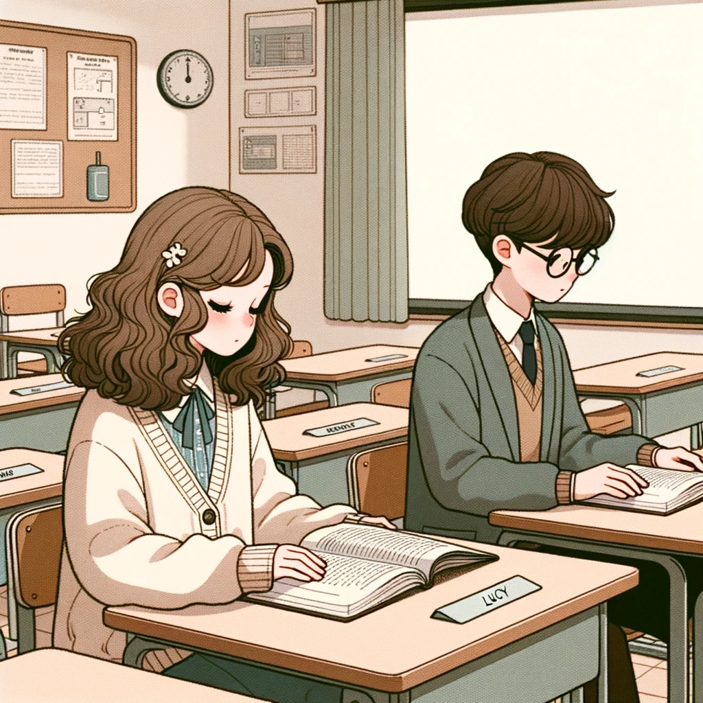 "In our classroom, there are many desks. I sit next to my friend Lucy. The teacher's desk is in the front of the classroom."