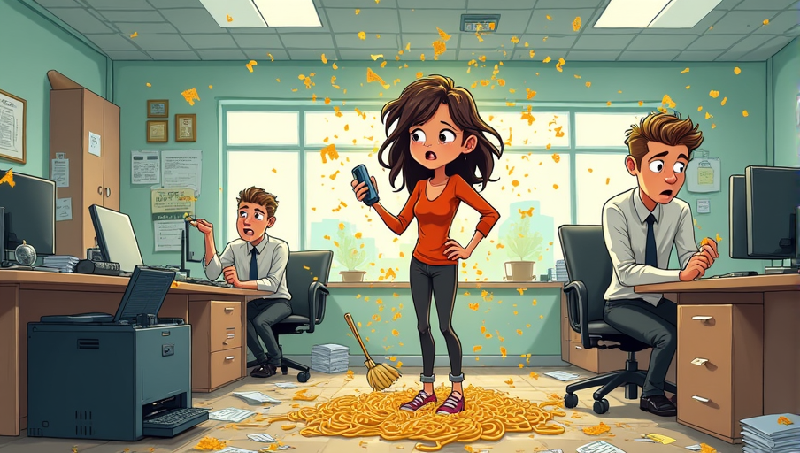 Jade spilling spaghetti at her desk and office