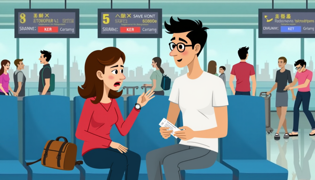 “I am going to Tokyo,” Ken says. “We are both stuck here!” in the airport