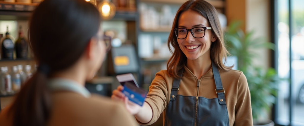 Cashier giving a credit card back to Maria - Maria had lost her credit card.