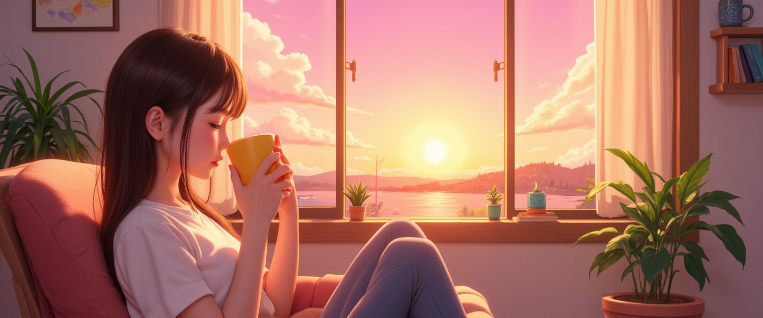 A woman enjoying her morning coffee by the window. - her morning routine