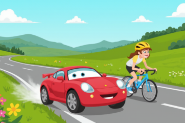 A cartoon-style illustration of a car and a bike in a lively race on a sunny day. The car is a small, sporty red vehicle with sleek curves and smiling headlights, zooming ahead with exhaust puffs trailing behind. The bike is a bright blue road bike ridden by a cheerful cyclist wearing a yellow helmet and a determined expression, pedaling furiously to keep up. The scene features a winding road surrounded by rolling green hills, colorful wildflowers, and a clear blue sky with a few fluffy clouds. Both the car and the bike are animated with expressive faces, emphasizing their speed and friendly competition.
