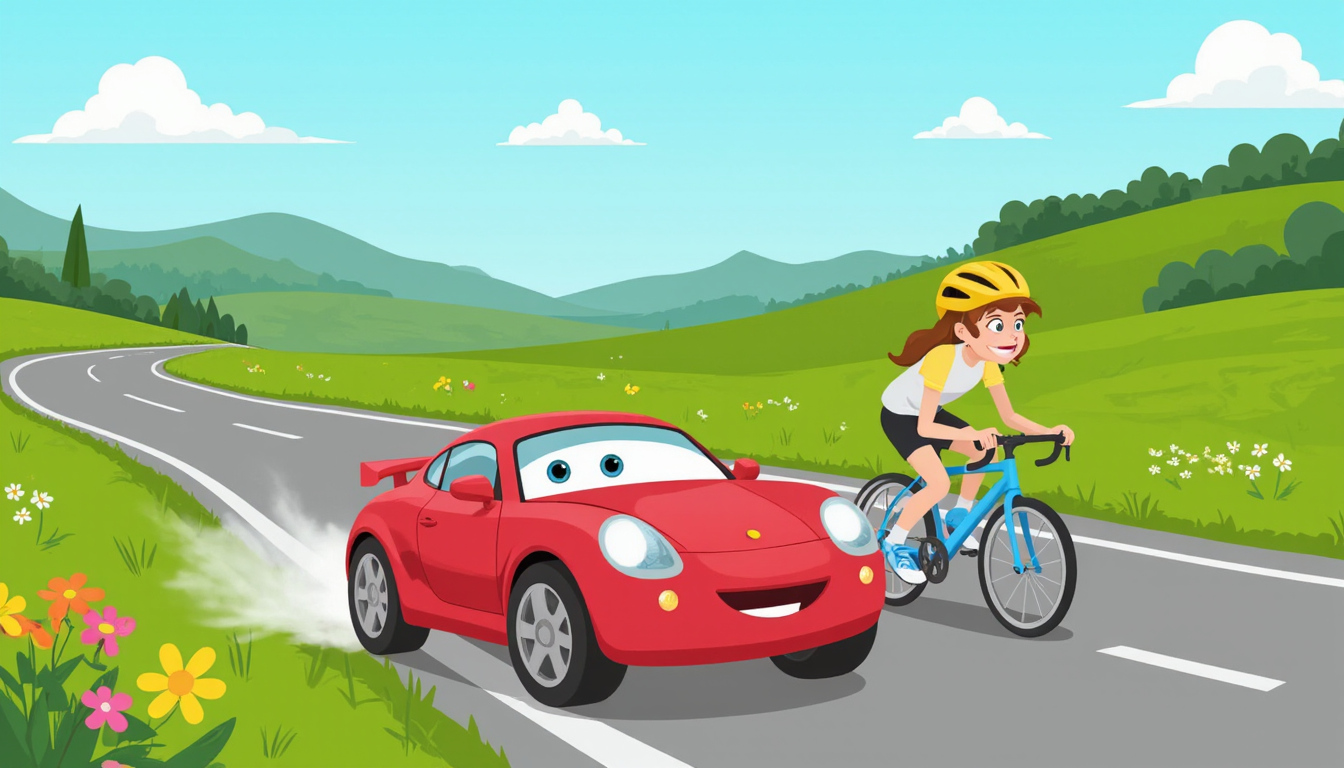 A cartoon-style illustration of a car and a bike in a lively race on a sunny day. The car is a small, sporty red vehicle with sleek curves and smiling headlights, zooming ahead with exhaust puffs trailing behind. The bike is a bright blue road bike ridden by a cheerful cyclist wearing a yellow helmet and a determined expression, pedaling furiously to keep up. The scene features a winding road surrounded by rolling green hills, colorful wildflowers, and a clear blue sky with a few fluffy clouds. Both the car and the bike are animated with expressive faces, emphasizing their speed and friendly competition.
